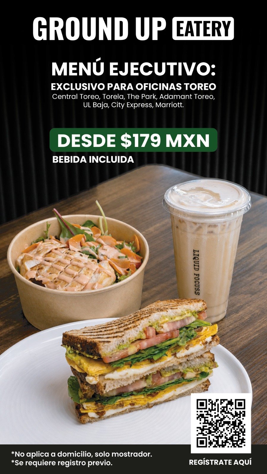 Menú Ejecutivo Ground Up — desde $179 MXN bebida incluida